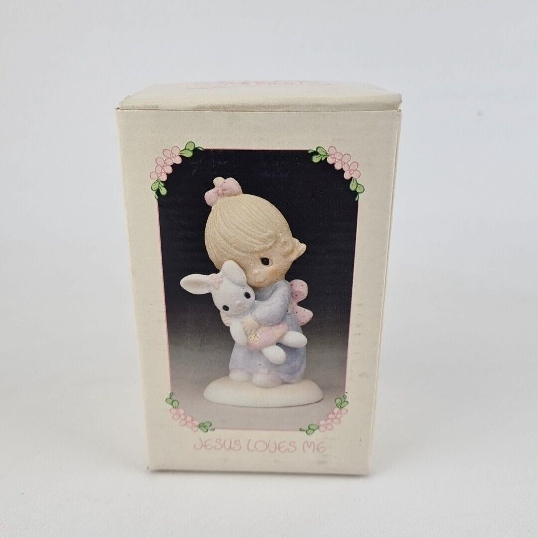 Precious Moments Figurine E-1372/G "Jesus Loves Me" Girl Bunny Vintage Figure