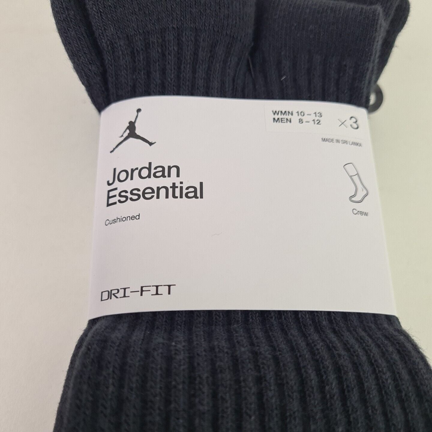 Nike Jordan Essential Crew 3 Pack Men Socks Black DA5718 010 Dri-Fit Sz L8-12