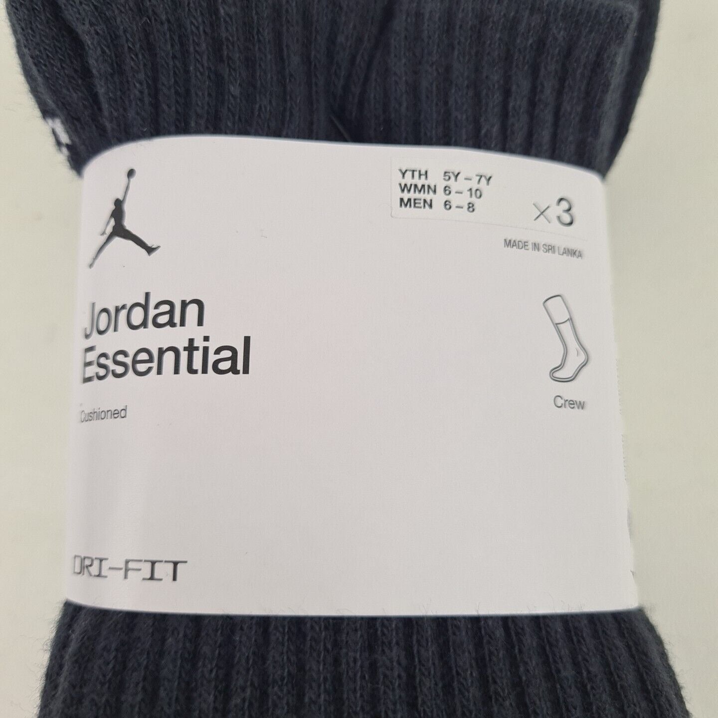 Nike Jordan Essential Crew 3 Pack Men Socks Black DA5718 010 Dri-Fit Sz M 6-8