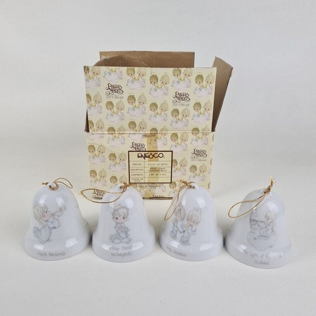 Precious Moments 25143 Hanging Bell Set/4 Christmas Porcelain Angel Ornaments