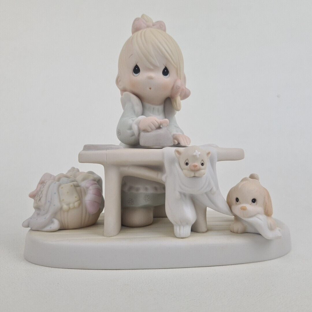 Precious Moments E-9265 Press On Cat  Dog Girl Ironing Porcelain Figurine