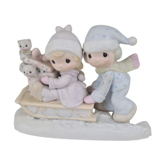 Precious Moments E-0501 Sharing Our Season Together Boy Girl Sled Cats Figure