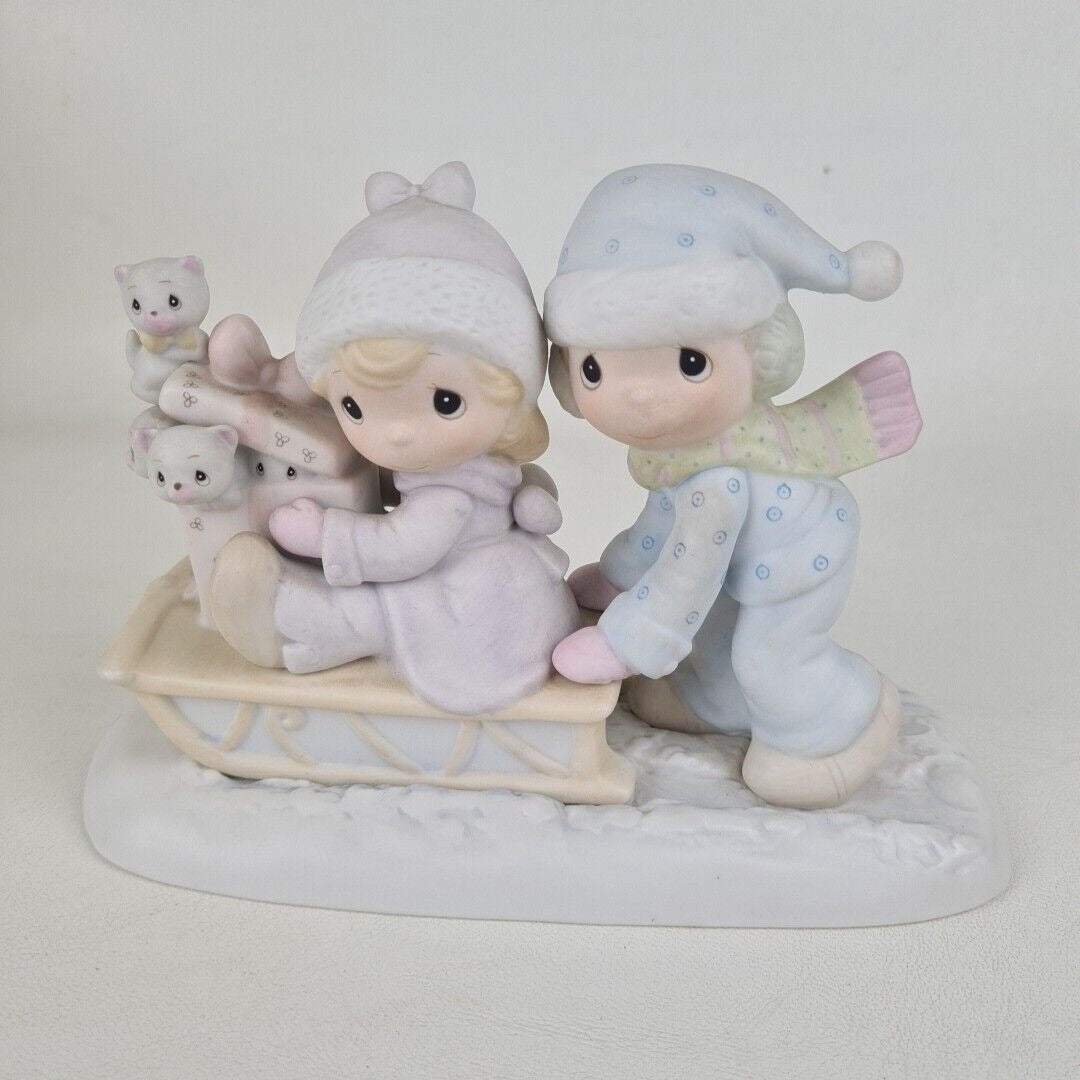 Precious Moments E-0501 Sharing Our Season Together Boy Girl Sled Cats Figure