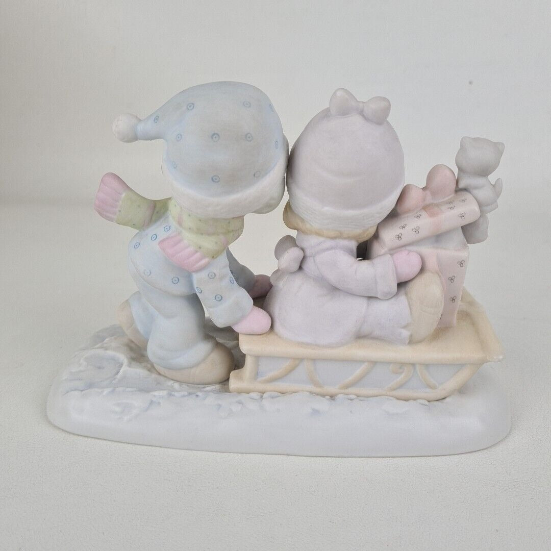 Precious Moments E-0501 Sharing Our Season Together Boy Girl Sled Cats Figure